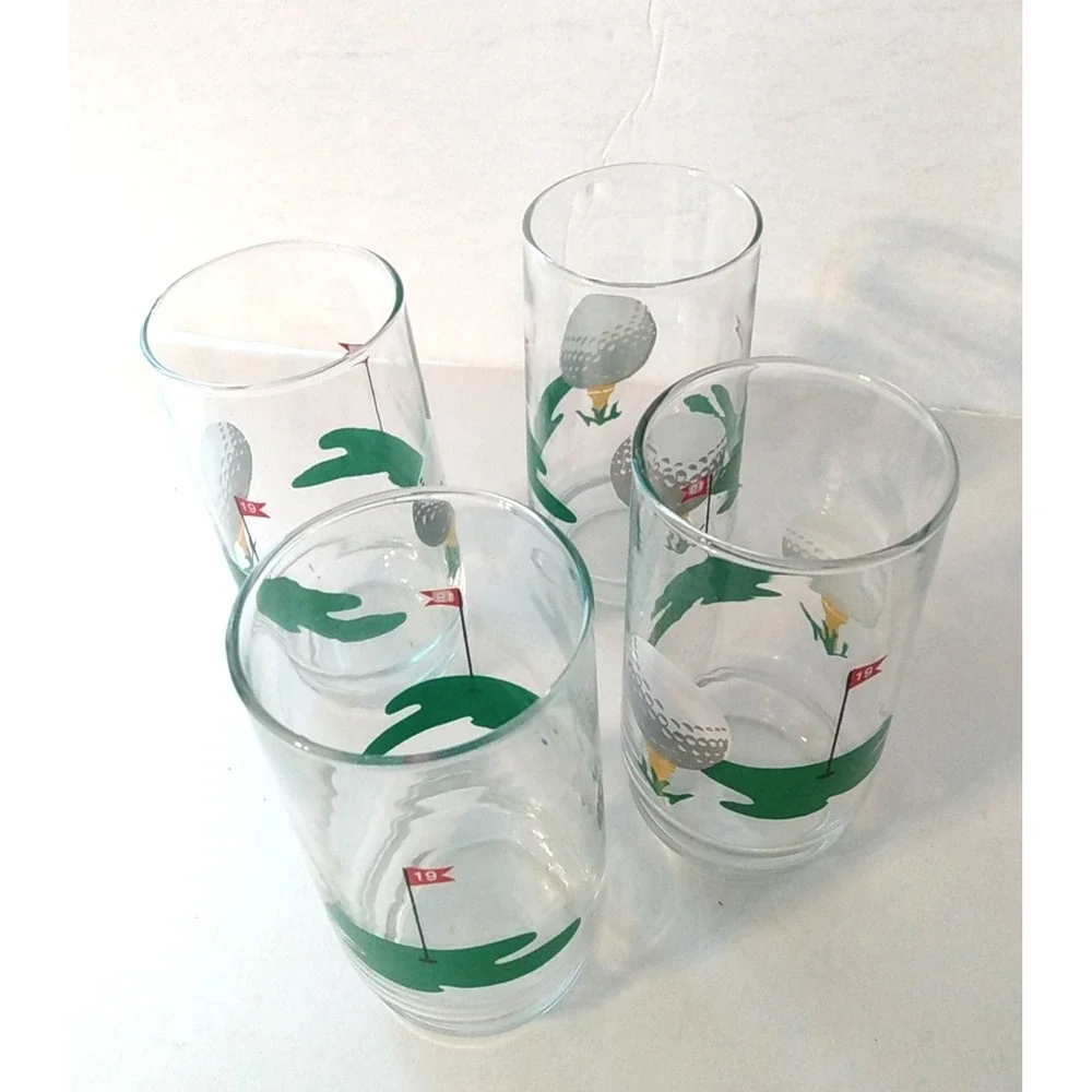 4X Vintage Golf Ball 19th Hole Glasses Glass Set Bar Man cave Glasses NICE!